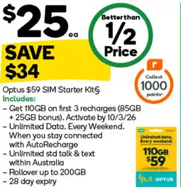 Woolworths Optus $59 SIM Starter Kit§ offer