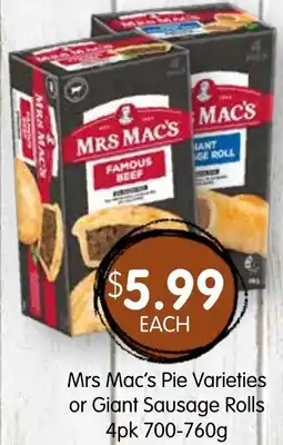 Spudshed Mrs Mac's Pie Varieties or Giant Sausage Rolls offer