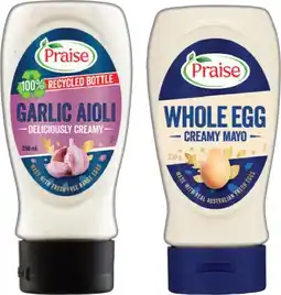 IGA Praise Deli Style Classic Aioli 250mL or Whole Egg Creamy Squeezy Mayo 230g offer