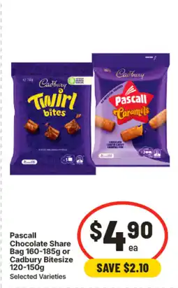 IGA Pascall chocolate share bag 160-185g or cadbury bitesize 120-150g offer