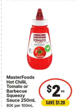 IGA Masterfoods hot chilli, tomato or barbecue squeezy sauce 250ml offer