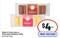 IGA Baker's oven jam or chocolate rollettes 250g offer