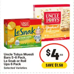 IGA Uncle tobys muesli bars 5-6 pack, le snak or roll ups 6 pack offer
