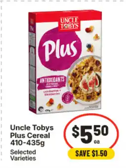 IGA Uncle tobys plus cereal 410-435g offer