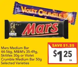 Supa Valu Mars Medium Bar, Mars Medium Bar, Skittles or Violet Crumble Medium Bar offer