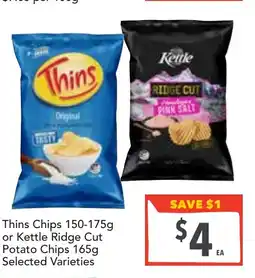 Supa Valu Thins chips 150-175g or kettle ridge cut potato chips 165g offer