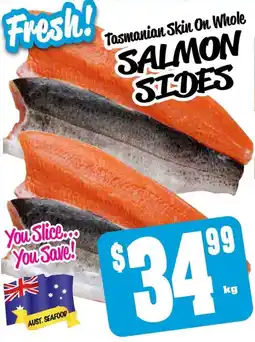 Farmer Jack's Tasmanian skin on whole salmon sides offer