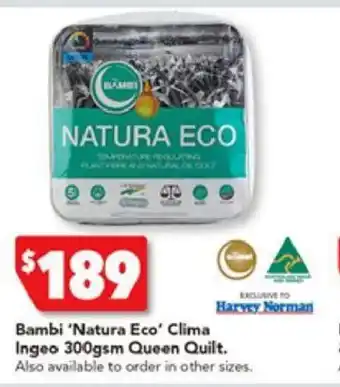 Harvey Norman Bambi 'Natural Eco' CLima Ingeo 300gsm Queen Quilt offer