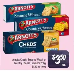 Farmer Jack's Arnotts cheds, sesame wheat or country cheese crackers offer