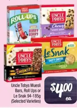 Farmer Jack's Uncle tobys muesli bars, roll ups or le snak offer