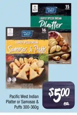 Farmer Jack's Pacific west indian platter or samosas &puffs offer
