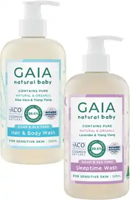 Coles Gaia Natural Baby Hair & Body Wash or Sleeptime Wash 500mL offer