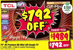 JB Hi-Fi Tcl af 75" 4k premium qd-mini led google tv offer