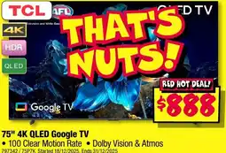 JB Hi-Fi Tcl afl 75" 4k qled google tv offer