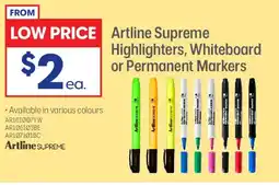 Officeworks Artline supreme highlighters, whiteboard or permanent markers offer