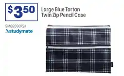 Officeworks Large blue tartan twin zip pencil case offer