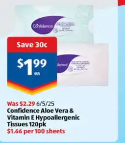ALDI Confidence Aloe Vera & Vitamin E Hypoallergenic Tissues offer