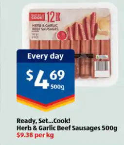 ALDI Ready, set...cook! herb & garlic beef sausages offer