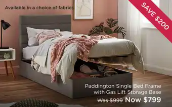 Snooze Paddington Single Bed Frame With Gas Lift Storage Base offer