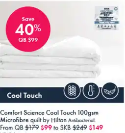 Pillow Talk Comfort Science Cool Touch 100gsm Microfibre quilt by Hilton Antibacterial offer