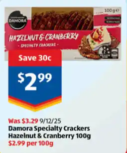 ALDI Damora specialty crackers hazelnut & cranberry offer