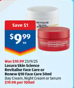 ALDI Lacura skin science revitalise face care or renew q10 face care offer