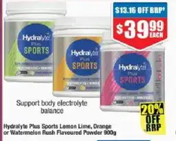 Chemist Warehouse Hydralyte plus sports lemon lime, orange or watermelon rush flavoured powder offer
