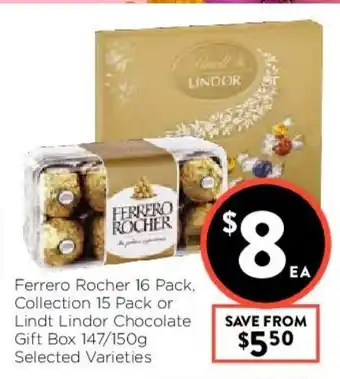 Foodworks Ferrero Rocher 16Pack, Collection 15 Pack or Lindt Lindor Chocolate Gift Box 147/150g offer