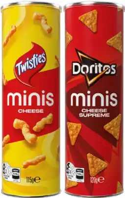 IGA Twisties Minis Cheese Canister 115g or Doritos Minis Cheese Supreme 120g offer