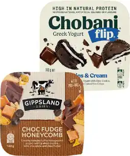 IGA Chobani Greek Yogurt Flip or Gippsland Yogurt 140g Selected Varieties offer