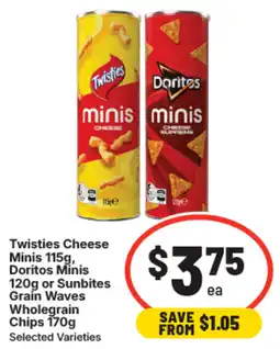 IGA Twisties cheese minis, doritos minis or sunbites grain waves wholegrain offer