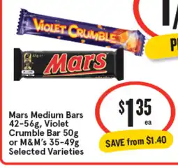 IGA Mars medium bars violet crumble bar or m&m's offer
