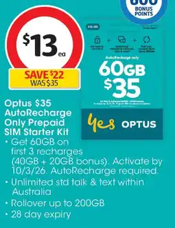 Coles Optus autorecharge only prepaid sim starter kit offer