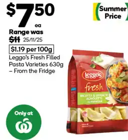 Woolworths Leggo's fresh filled pasta varieties offer