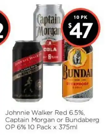 Johnnie Walker Red 6.5%, Captain Morgan or Bundaberg OP 6% 10 Pack x 375ml