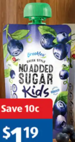 ALDI Brooklea No Added Sugar Yogurt Pouch Blueberry offer