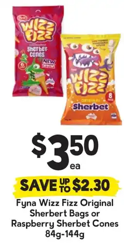 Drakes Fyna wizz fizz original sherbert bags or raspberry sherbet cones offer