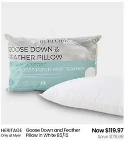Myer Heritage goose down and feather pillow in white 85/15 offer