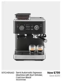 Myer KITCHENAID Semi Automatic Espresso Machine with Burr Grinder, Cast Iron Black offer