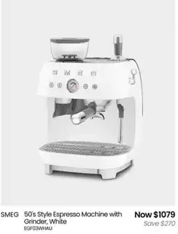 Myer Smeg 50's style espresso machine with grinder, white offer