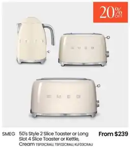Myer SMEG 50's Style 2 Slice Toaster or Long Slot 4 Slice Toaster or Kettle, Cream offer