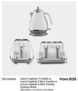 Myer De'longhi icona capitals kettle or icona capitals 2 slice toaster or icona capitals 4 slice toaster, sydney white offer