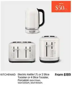 Myer Kitchenaid electric kettle or 2 slice toaster or 4 slice toaster, porcelain offer