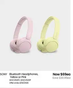 Myer Sony bluetooth headphones, yellow or pink offer