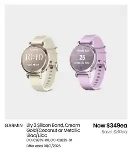 Myer Garmin lily 2 silicon band, cream gold/coconut or metallic lilac/lilac offer