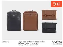 Myer Monsac vegan leather 44cm backpack or 27cm satchel bag in black or brown offer