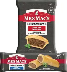 IGA Mrs Mac’s Microwave Beef Pie, Giant Sausage Roll 175g or Pastie 165g Selected Varieties offer