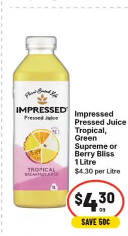 IGA Impressed pressed juice tropical, green supreme or berry bliss offer