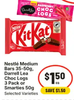 IGA Nestlé medium bars, darrell lea choc logs or smarties offer