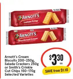 IGA Arnott's cream biscuits , salada crackers or smith's crinkle cut chips offer